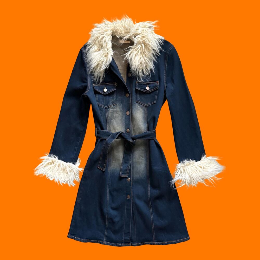 00's vintage denim faux fur penny lane y2k jacket LARGE forever 21